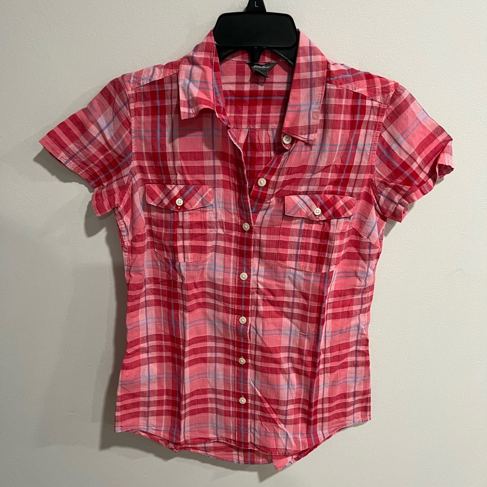 Eddie Bauer Shirt Womens Size XS Pink Plaid Short Sleeve Button Up Hiking Travel